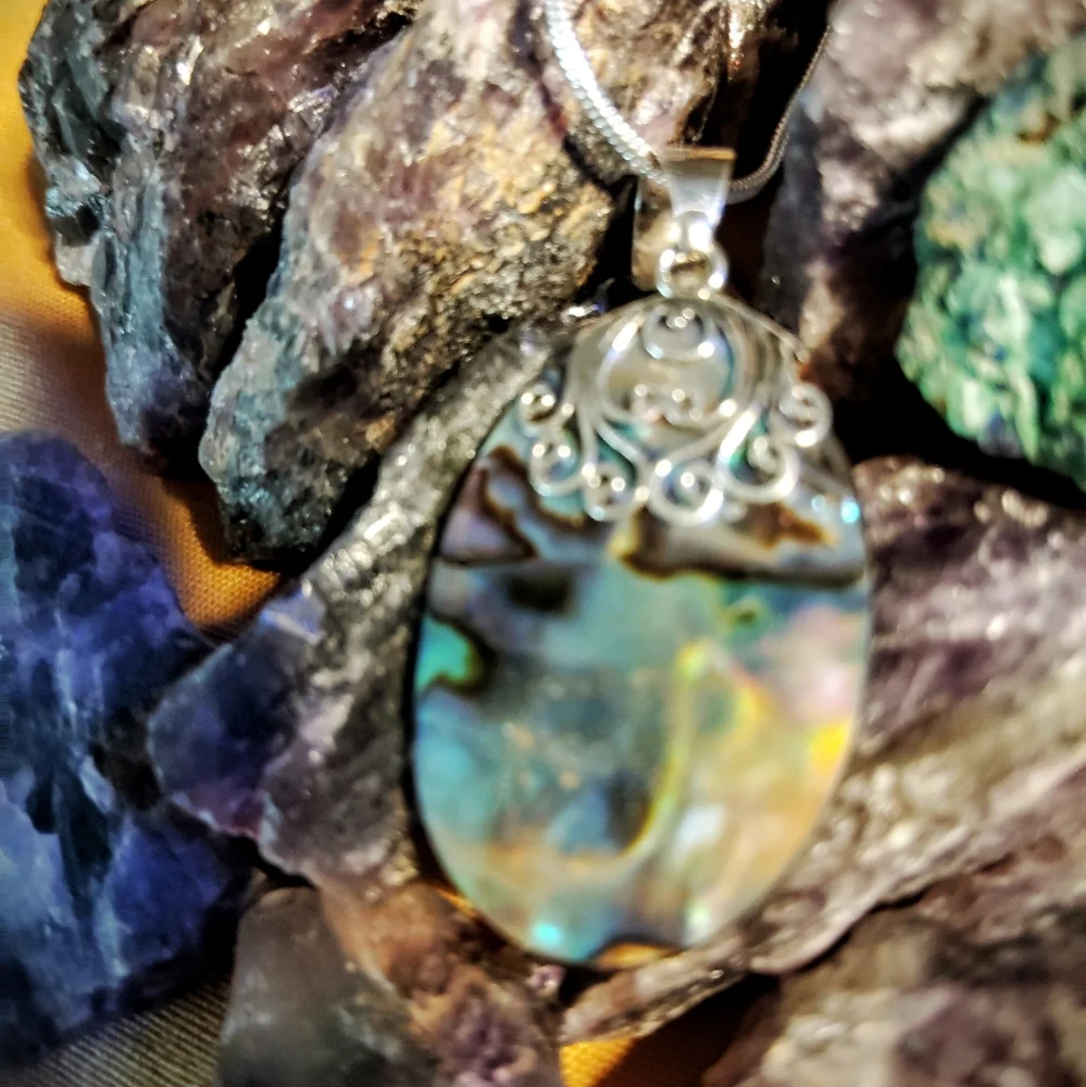 MOTHER/DAUGHTER SET ABALONE STERLING PENDANT. 2- NECKLACE $42./16 & 18 INCH. CH